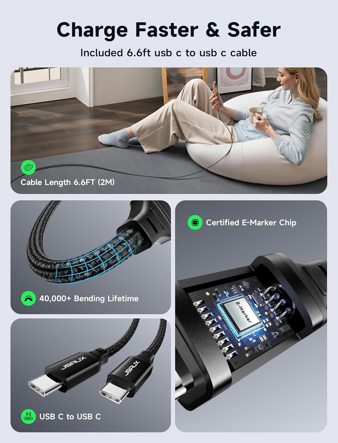 JSAUX 65W USB C Wall Charger, 3-Port GaN Fast Charger Block with Foldable Plug, Includes 6.6FT USB C Cable & UK/EU Travel Plugs, Compact Charger for Laptop, iPhone 17, Galaxy, Switch 2, Steam Deck