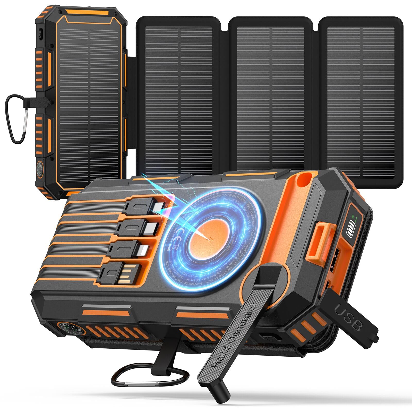 The 50000mAh Solar Power Bank – Magnetic Wireless Charger with Hand Crank features an orange and black casing, foldable 4 solar panels, built-in charging cables, multiple USB ports, an LED light, and a carabiner clip—making it the perfect emergency power bank for outdoor adventures.