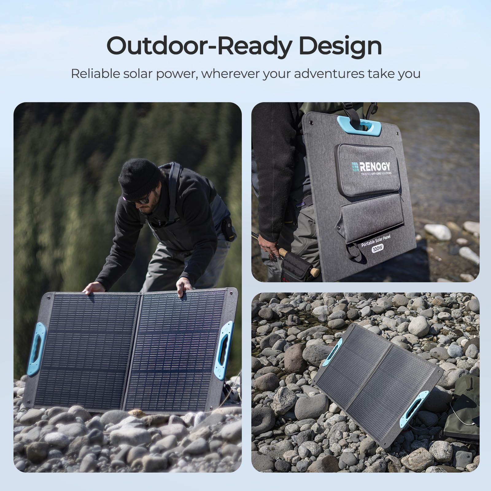 Three images feature the Renogy 200W Portable Foldable Solar Panel: one shows a person setting up the panel on rocks; another displays it strapped to a backpack; and a third captures it open and charging by a river. With USB-C PD, USB-A, and MC4 outputs for versatile charging, and up to 25% efficient N-Type solar cells in a lightweight foldable design, this solar charger is perfect for power on the go during camping trips, RV adventures, or off-grid activities.