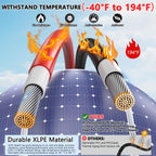 Above a solar panel, three thick electrical cables—two of which are shown with flames—demonstrate features such as fire resistance, UV resistance, anti-corrosion, and anti-wear capabilities within a temperature range of -40°F to 194°F, highlighting the durability of the Vansdon 2x50 Feet 10AWG Solar Panel Extension Cable with waterproof connectors for RV and photovoltaic systems.