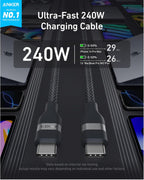 Anker USB-C to USB-C Cable (3 ft / 6 ft, 240W, Upcycled-Braided) powers phones and laptops with ultra-fast charging, supports iPhone and MacBook fast charging, features durable upcycled-braided design, from the No.1 mobile charging brand.