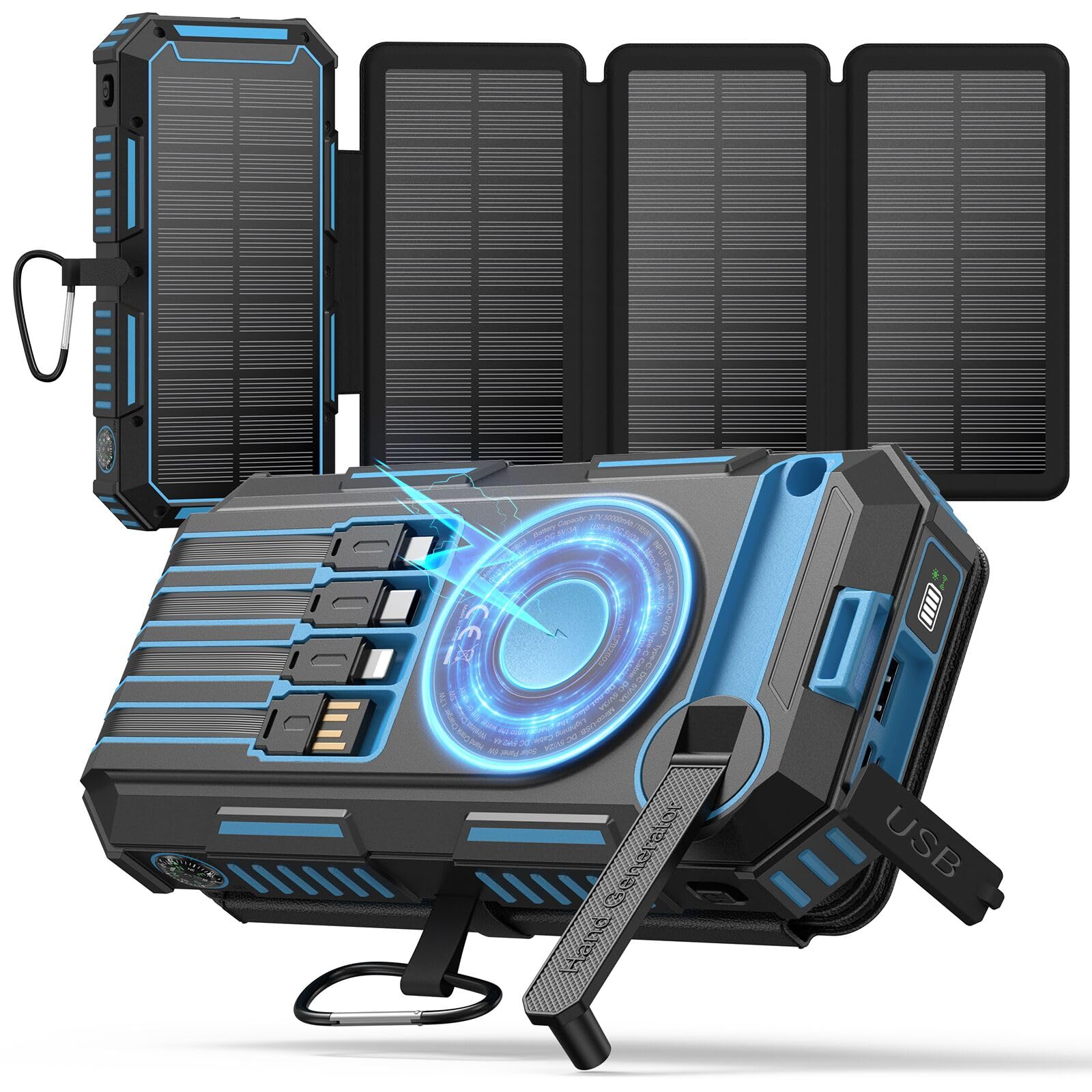 Introducing the 50000mAh Solar Power Bank – Magnetic Wireless Charger with Hand Crank, featuring four foldable solar panels, built-in charging cables, and multiple USB ports. Shown in a sleek black and blue design with a convenient carabiner, it offers a close-up of the detailed charging area. Perfect as an emergency power bank for travel or outdoor adventures.