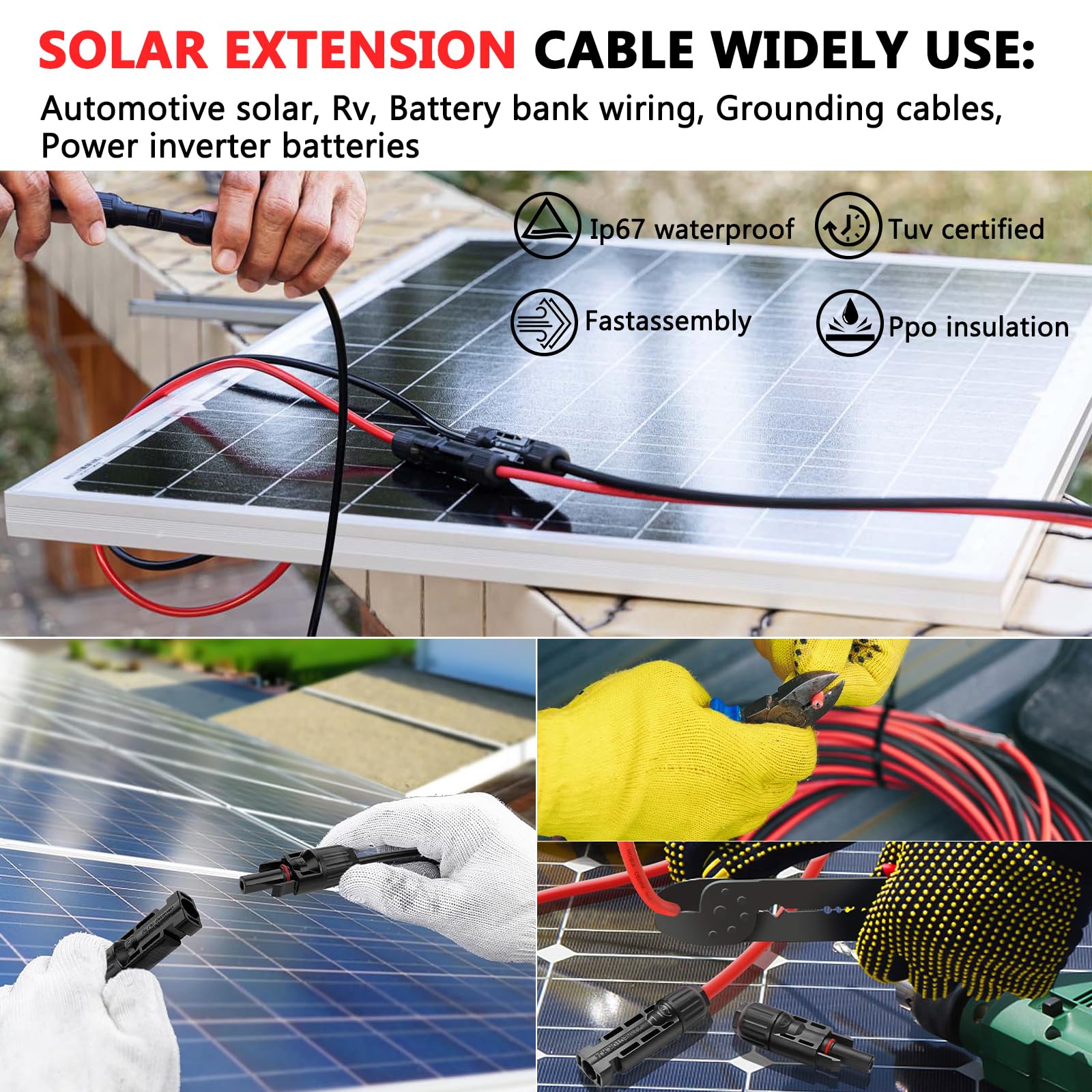 Collage showing Vansdon 2x50 Feet Solar Panel Extension Cable—10AWG cables with female and male waterproof connectors—attached to solar panels, tools connecting cables, and gloved hands working with wiring. Text highlights uses for RVs and photovoltaic systems, cable features, and relevant certifications. This is not a product description; the provided text appears to be CSS code.