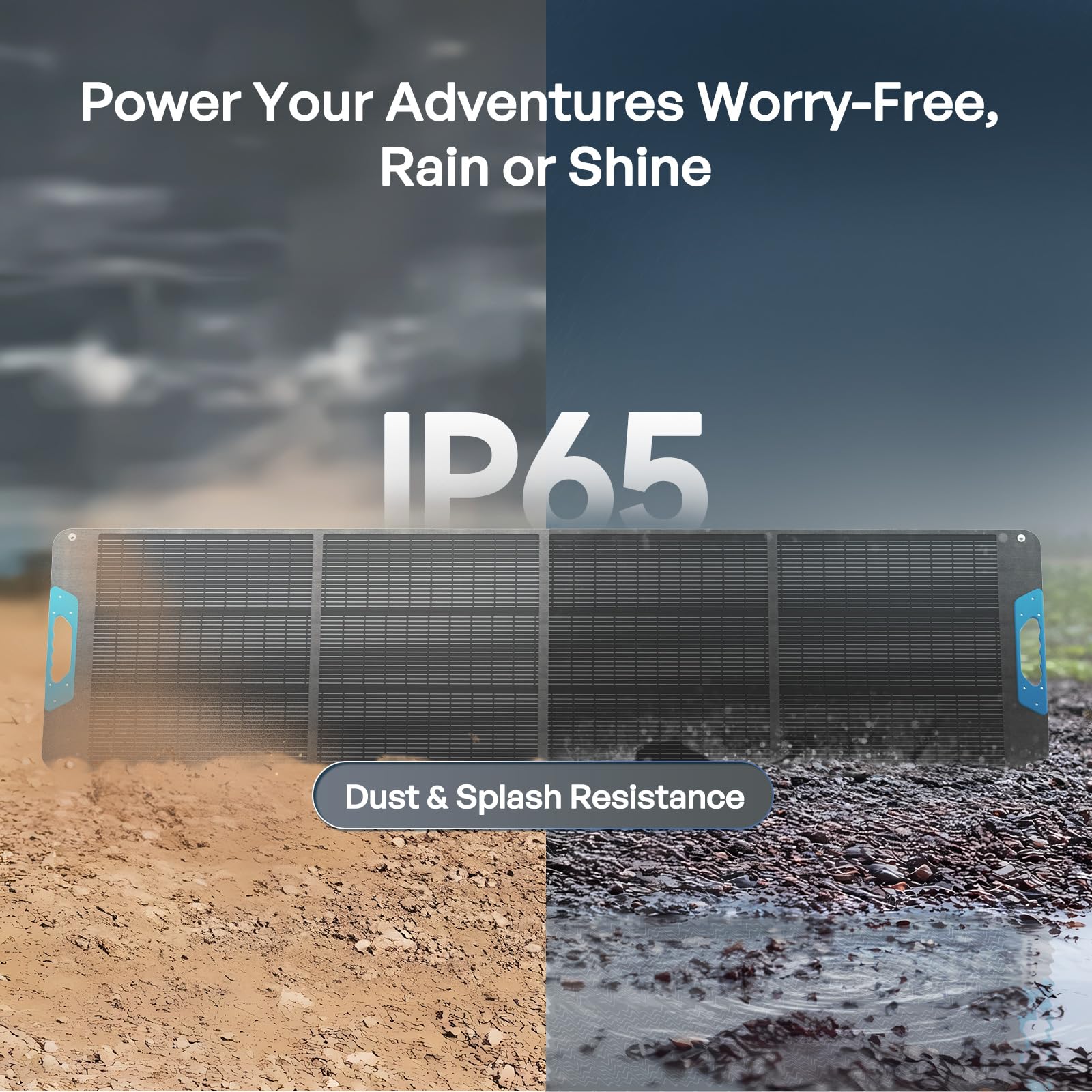 A Renogy 200W Portable Foldable Solar Panel is displayed split between dry, dusty ground and wet, rainy terrain, accompanied by the text: “Power Your Adventures Worry-Free, Rain or Shine. IP65. Dust & Splash Resistance.” This N-Type solar charger offers up to 25% conversion efficiency and features USB-C PD, USB-A, and MC4 outputs for charging power stations or devices while camping, RVing, or off-grid.