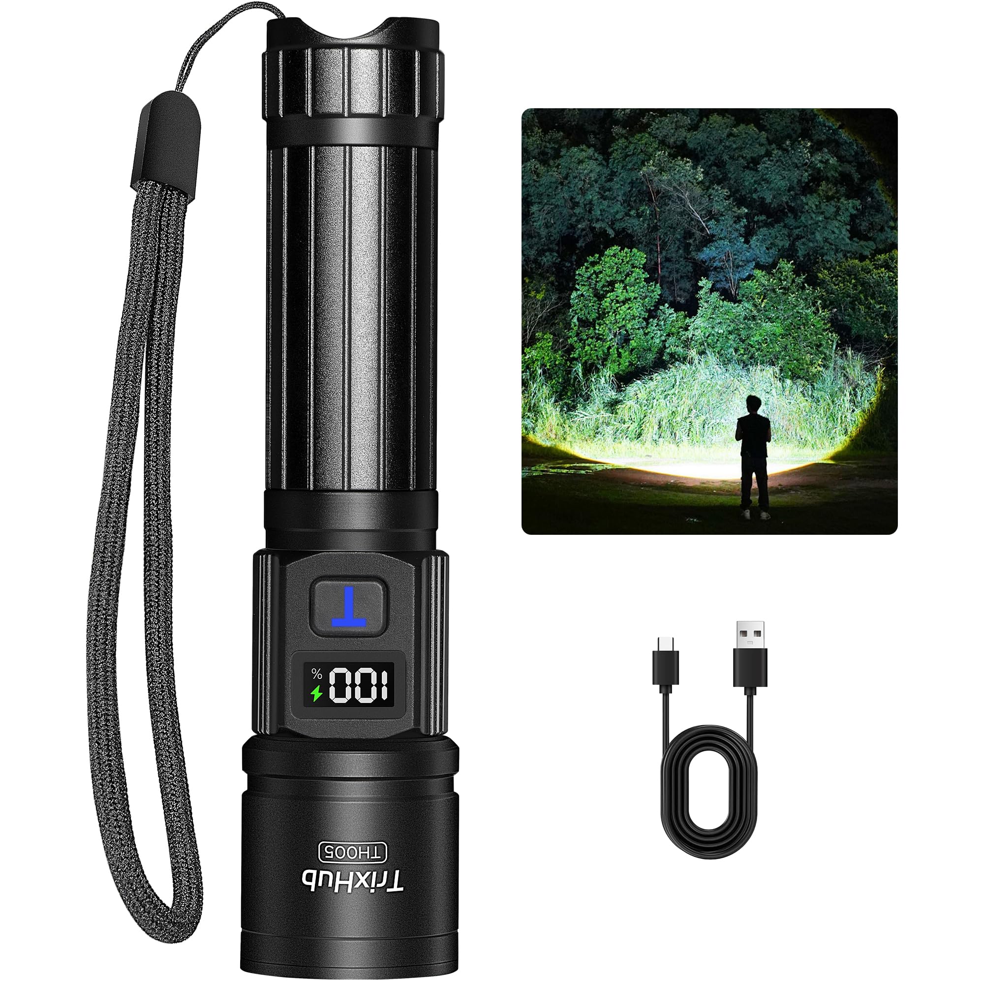 Rechargeable Flashlights High Lumens, 5Mode Flash Light with LCD Digital Display, Super Bright Flashlight Adjustable Tactical Flashlight, High Powered LED Handheld Flashlight for Home