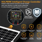 Diagram of the Solar Panel Kit 20W 12V, featuring a waterproof solar battery trickle charger maintainer and a smart MPPT controller for 12V systems. The image highlights key protections including overcharge, short circuit, and reverse polarity, as well as zero power consumption. Shown connected to a partial view of the monocrystalline solar panel with an adjustable mount bracket, this kit is ideal for boats, cars, RVs, motorcycles, marine and other automotive applications.