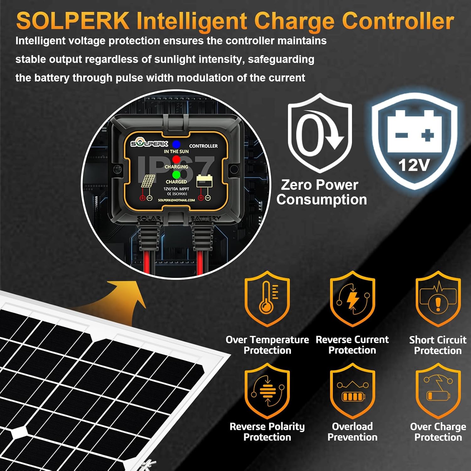 Diagram of the Solar Panel Kit 20W 12V, featuring a waterproof solar battery trickle charger maintainer and a smart MPPT controller for 12V systems. The image highlights key protections including overcharge, short circuit, and reverse polarity, as well as zero power consumption. Shown connected to a partial view of the monocrystalline solar panel with an adjustable mount bracket, this kit is ideal for boats, cars, RVs, motorcycles, marine and other automotive applications.