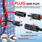 Experience effortless installation with the Vansdon 2x50 Feet Solar Panel Extension Cable—10AWG solar cable featuring both female and male waterproof connectors. The labeled parts include a PPO shell, pure copper tin-plated pin, and a robust waterproof ring. Clear arrows guide you through simple plug-and-play connection steps, while an inset comparison showcases how these cables offer true hassle-free setup versus traditional connectors that require extra tools. Perfect for RVs and photovoltaic systems!.