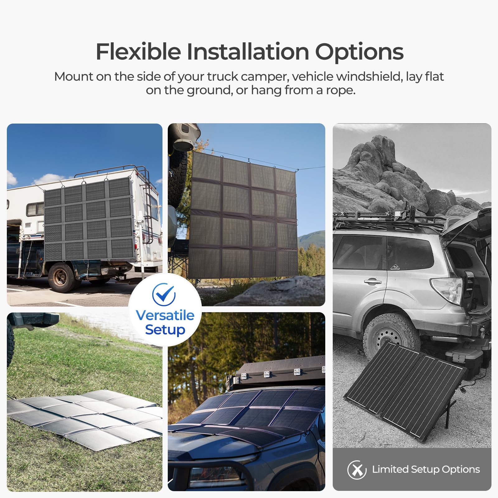 Four images display the Renogy 400W Portable Solar Panel Blanket – a 25% efficient N-Type foldable solar charger – being used in various ways: installed on a truck camper, hanging with rope, laid flat on grass, and positioned atop a car. The text highlights the versatile and flexible installation options that make this solar panel blanket an ideal solution for off-grid power needs with power stations, RVs, and more.