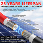 Labeled diagram illustrating the construction of the Vansdon 2x50 Feet Solar Panel Extension Cable—10AWG, featuring core details such as durable XLPO insulation, tin-plated pure copper conductors, and robust waterproof connectors (female & male). The diagram highlights essential specifications like voltage rating and cable length, underscores its "25 Years Lifespan," and provides transparent insights into the advanced materials used for long-lasting performance in RVs and photovoltaic systems.