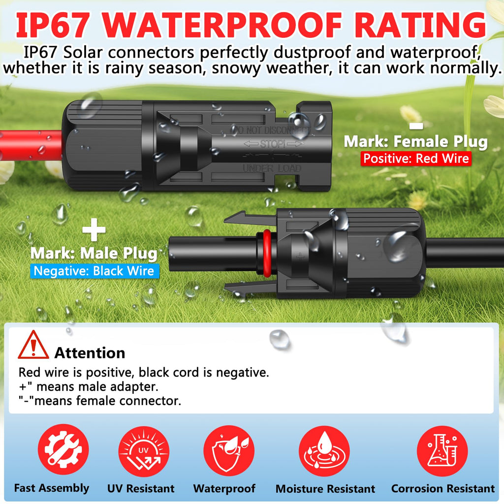 Diagram illustrating the Vansdon 2x50 Feet Solar Panel Extension Cable—10AWG solar cable with both female and male IP67 waterproof connectors. The diagram features clearly labeled male and female plugs, polarity indicators, and notes indicating the red wire as positive and black wire as negative. Highlighted icons emphasize fast assembly, UV resistance, and corrosion resistance for use in RVs and photovoltaic systems.