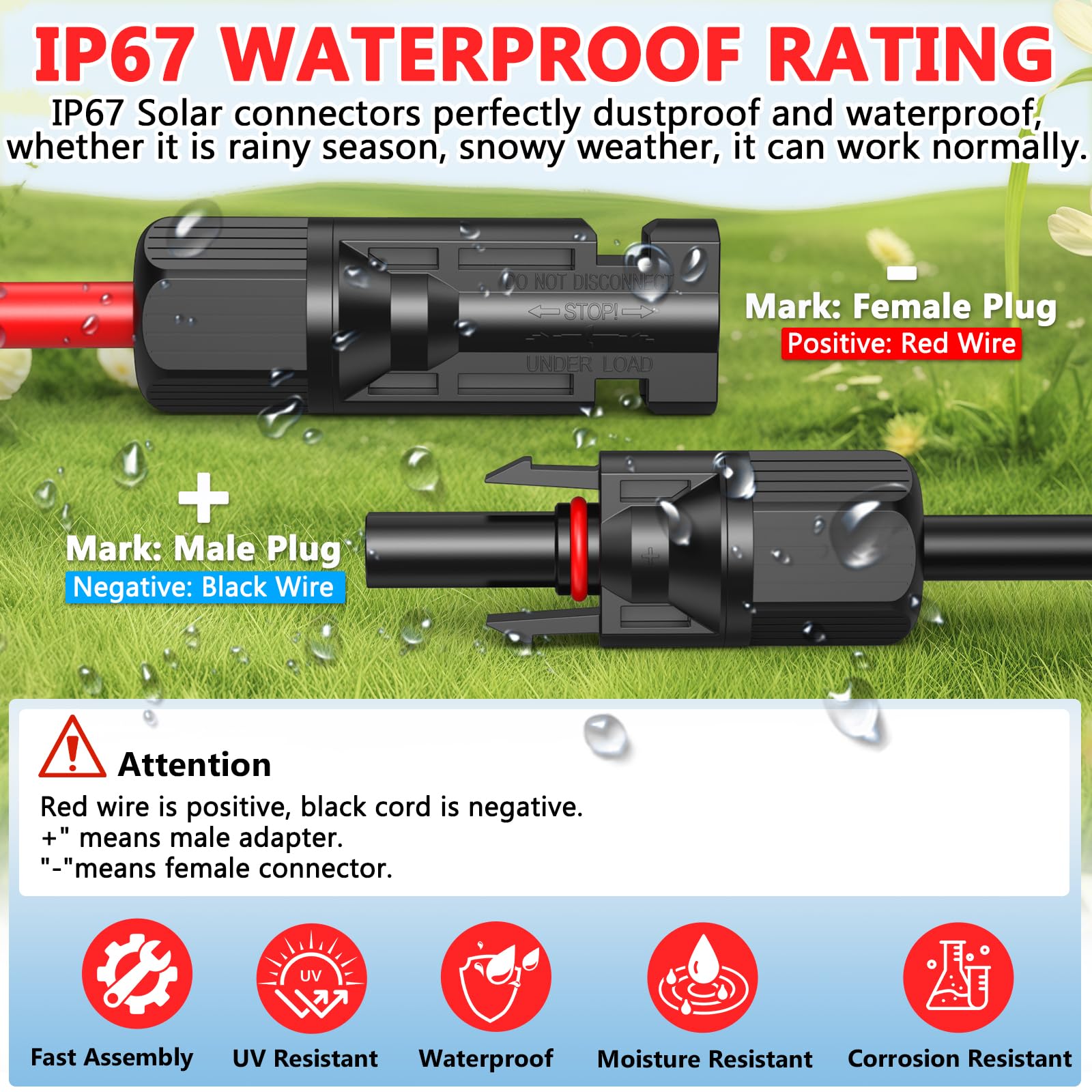 Diagram illustrating the Vansdon 2x50 Feet Solar Panel Extension Cable—10AWG solar cable with both female and male IP67 waterproof connectors. The diagram features clearly labeled male and female plugs, polarity indicators, and notes indicating the red wire as positive and black wire as negative. Highlighted icons emphasize fast assembly, UV resistance, and corrosion resistance for use in RVs and photovoltaic systems.