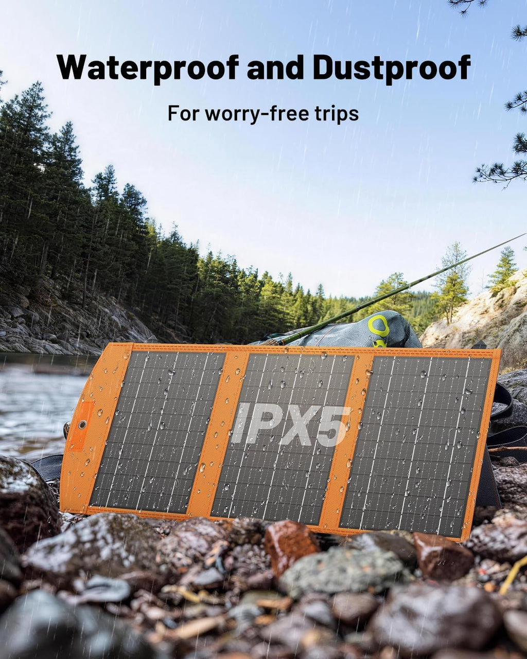 A vibrant orange 30W Portable Foldable Solar Charger – USB-C & USB-A Fast Charging Solar Panel for Phones, Tablets & Power Banks, featuring an IPX5 rating, sits by a rain-kissed riverside surrounded by trees. The text reads: "Waterproof and Dustproof. For worry-free trips—ideal solar charging companion for camping.