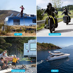 A collage features an RV, two people riding motorbikes, a family by a camper-van at a campfire, and a boat on the water—each clearly labeled—to highlight diverse adventures powered by dependable energy. Perfect for illustrating how essentials like the Renogy Smart LiFePO₄ Battery Charger – 12V 20A / 24V 10A AC-to-DC Portable Charger with Alligator Clips & Ring Terminals help keep every journey charged and ready to go with reliable 3-stage charging.