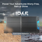 A Renogy 200W Portable Foldable Solar Panel – 25% efficient N-Type solar charger with IP65 dust & splash resistance sits between dry, dusty ground and wet, rainy ground. Text reads: "Power Your Adventures Worry-Free, Rain or Shine. IP65. Dust & Splash Resistance." USB-C PD, USB-A, and MC4 outputs ensure you can conveniently charge devices wherever you go.