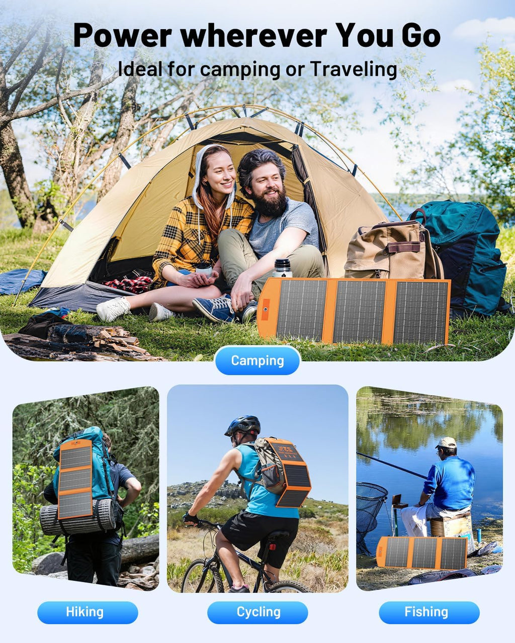 A couple relaxes beside their tent with the 30W Portable Foldable Solar Charger – USB-C & USB-A Fast Charging Solar Panel for Phones, Tablets & Power Banks. Below are three images: a hiker, a cyclist, and a fisherman each using this same solar charger outdoors. The text emphasizes its versatility for camping, hiking, cycling, and fishing—highlighting the convenience of on-the-go solar charging during all your outdoor adventures.