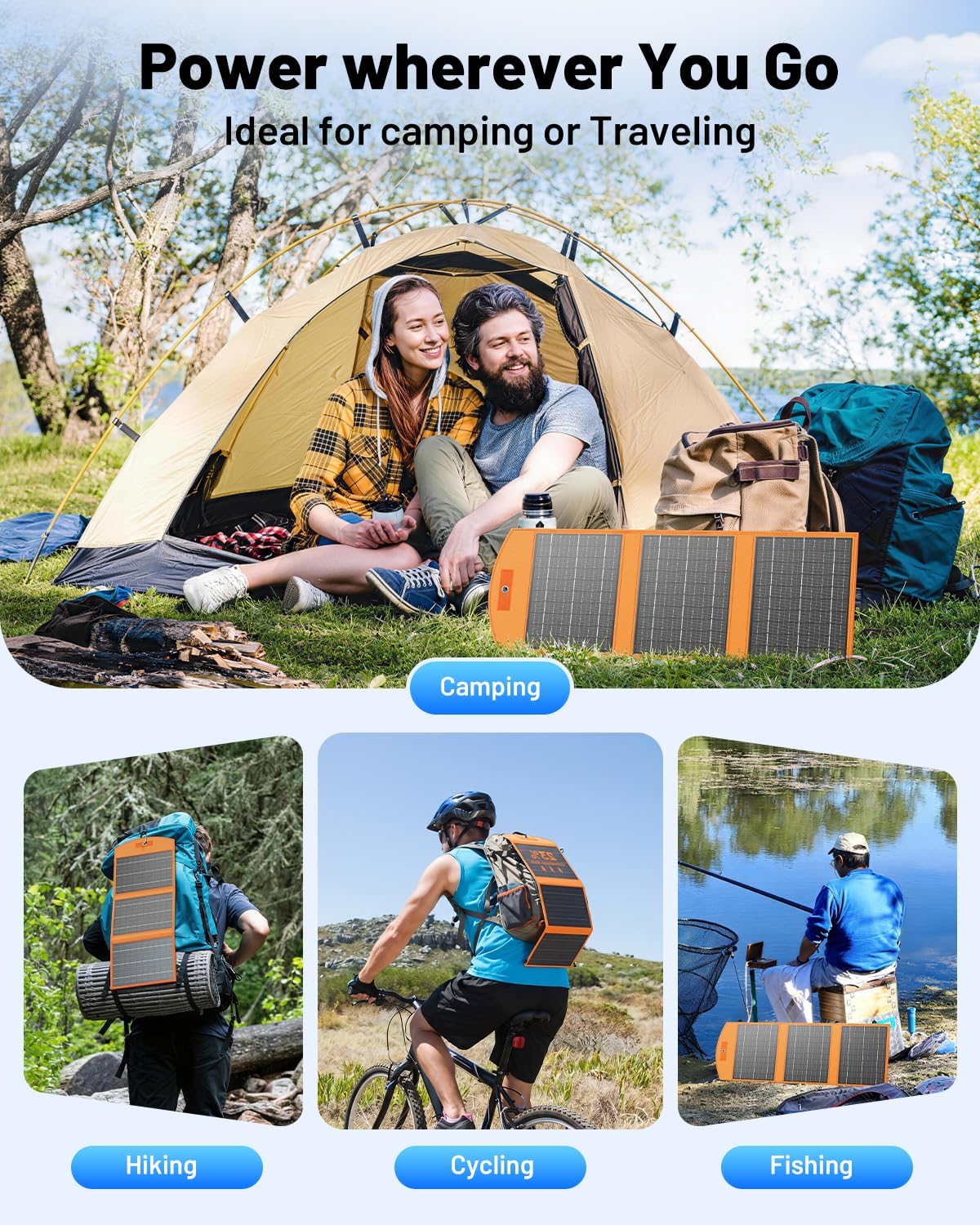 A couple relaxes beside their tent with the 30W Portable Foldable Solar Charger – USB-C & USB-A Fast Charging Solar Panel for Phones, Tablets & Power Banks. Below are three images: a hiker, a cyclist, and a fisherman each using this same solar charger outdoors. The text emphasizes its versatility for camping, hiking, cycling, and fishing—highlighting the convenience of on-the-go solar charging during all your outdoor adventures.