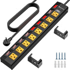 The CRST 8-Outlet Wide Metal Surge Protector Power Strip features eight yellow individually switched outlets, a 6ft black cord with European plug, 1200J protection, and includes two black mounting brackets plus eight screws with wall anchors.