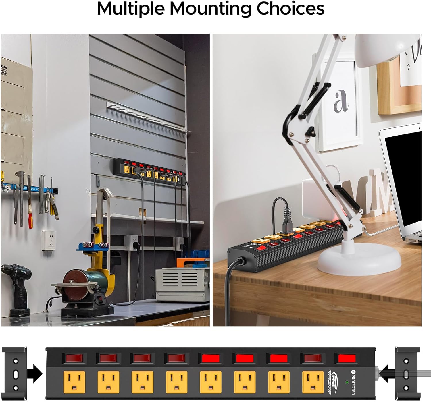 The CRST 8-Outlet Wide Metal Surge Protector Power Strip with individual switches and a 6ft cord is shown wall-mounted in a workshop and placed on a desk, demonstrating flexible mounting options for various setups.