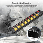 The CRST 8-Outlet Wide Metal Surge Protector Power Strip, featuring individual switches, a 1200J rating, and a durable 1.5mm extra-thick aluminum alloy casing, is shown next to a wrecking ball breaking concrete—a symbol of its rugged build.