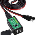 The 4.8A USB Charger Solar Panel Battery to USB Adapter is a black dual USB power outlet with a green label, on-off switch, voltage display, red and black wires, and connector plug for easy charging.