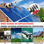Featuring the Vansdon 2x50 Feet Solar Panel Extension Cable—10AWG solar cable with male and female waterproof connectors—shown in use on rooftops, RVs, ground stations, ferries, and homes. Images include a person installing solar panels, close-ups of cable connectors, and diverse applications emphasizing both energy savings (with sample CSS code) and the environmental protection benefits of electro-photovoltaic systems.