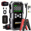 The 7000A Car Jump Starter w/ Air Compressor is a 150 PSI portable power bank (12V USB-C) featuring a digital display, jumper cables, tire inflator hose, various nozzles, carrying case, USB cable, and car power adapter for emergencies.