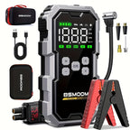 The 7000A Car Jump Starter w/ Air Compressor is a 150 PSI portable power bank (12V USB-C) featuring a digital display, jumper cables, tire inflator hose, various nozzles, carrying case, USB cable, and car power adapter for emergencies.