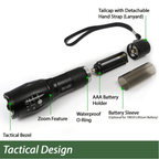 Exploded view of the EcoGear FX TK120 LED Tactical Flashlight with Strobe—parts labeled: tailcap with hand strap, AAA battery holder, battery sleeve, waterproof O-ring, zoom feature, tactical bezel. "Tactical Design" shown—ideal for emergencies.