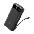 The Anker Power Bank (20K, 87W, Built-In USB-C Cable) is shown in black with a digital display, dual USB ports on top, built-in charging cable, USB-C fast charging support, and the "Anker" logo on the front.