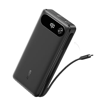 The Anker Power Bank (20K, 87W, Built-In USB-C Cable) is shown in black with a digital display, dual USB ports on top, built-in charging cable, USB-C fast charging support, and the "Anker" logo on the front.