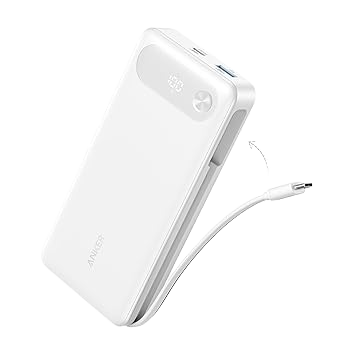A white Anker Power Bank (20K, 87W, Built-In USB-C Cable) with a partially extended USB-C charging cable and a digital display showing the battery percentage.