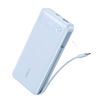 The Anker Power Bank (20K, 87W, Built-In USB-C Cable) is a white 20000mAh device with a partially extended built-in USB-C cable and an LED display showing battery level on the front.