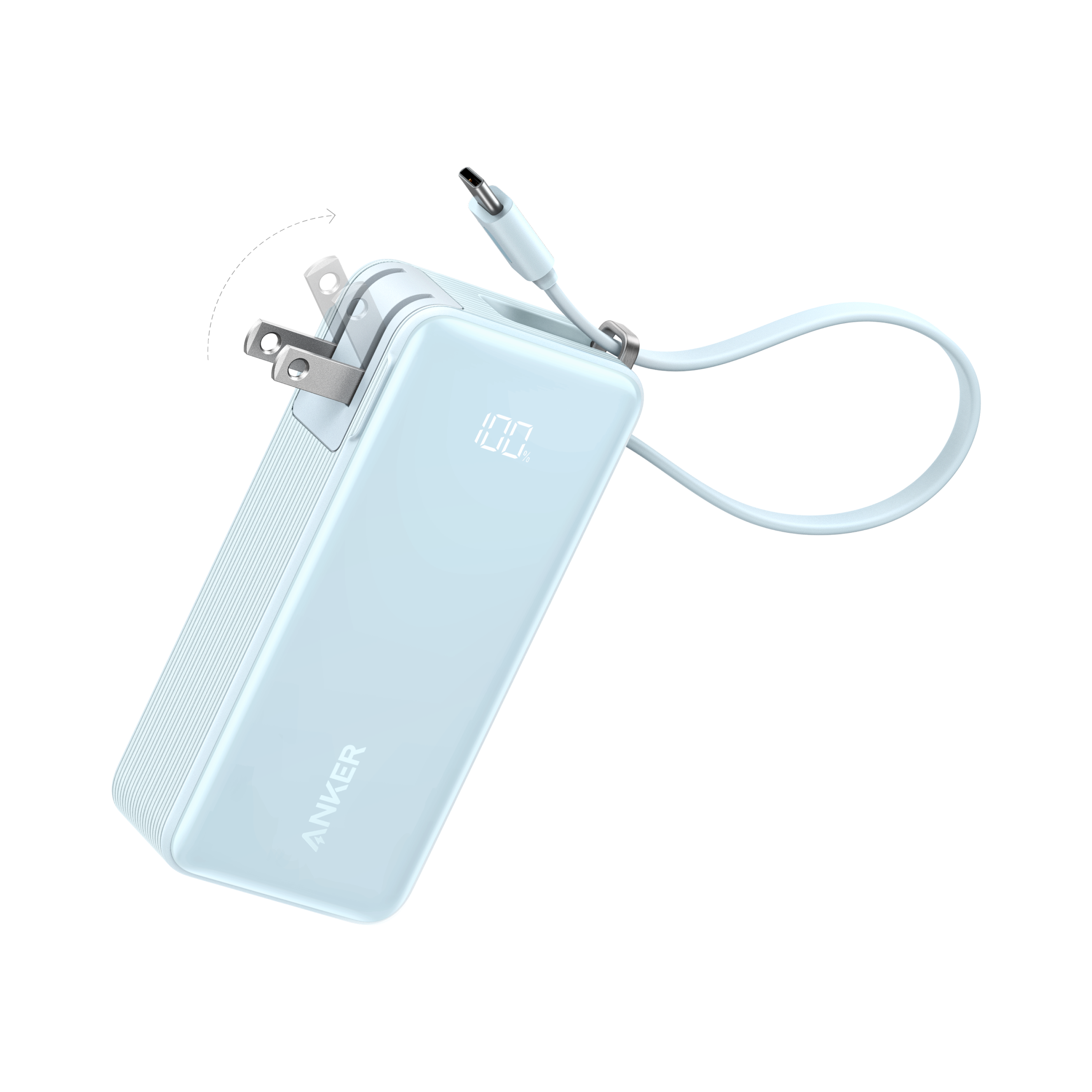 The Anker Power Bank (10K, Fusion, Built-In Cable) is light blue with a foldable plug and attached USB-C cable. Its digital screen shows "100" for charge level and supports 30W fast charging for efficient device powering.