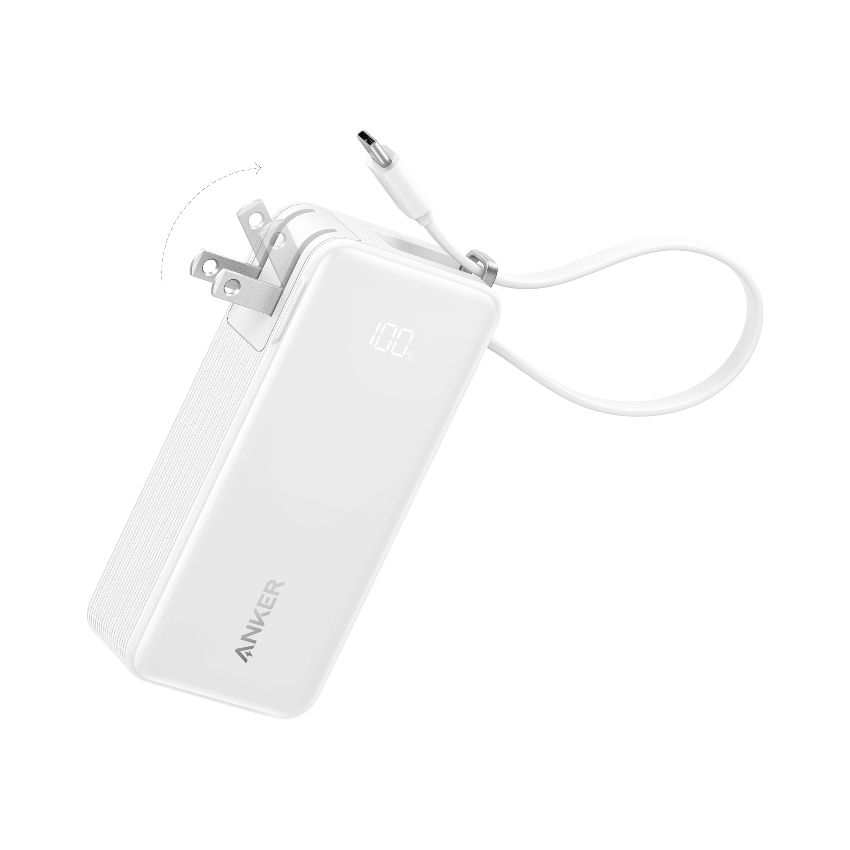 The Anker Power Bank (10K, Fusion, Built-In Cable) is a white 3-in-1 charger with a built-in power plug, digital display, and an attached USB-C cable for fast charging. The device is displayed against a plain white background.