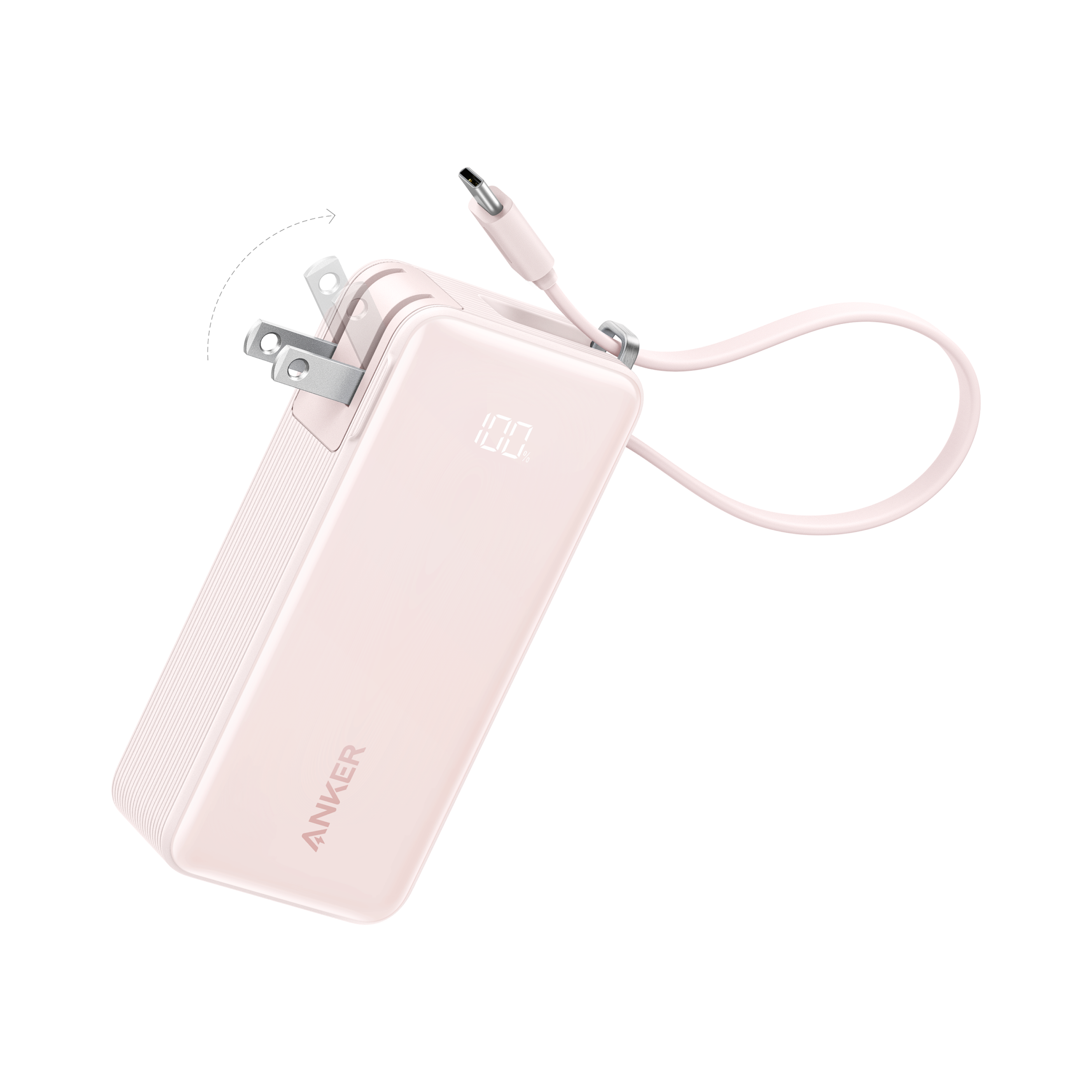 The Anker Power Bank (10K, Fusion, Built-In Cable) in light pink offers a foldable plug, built-in digital display, and attached USB-C charging cable for versatile charging in a compact design.