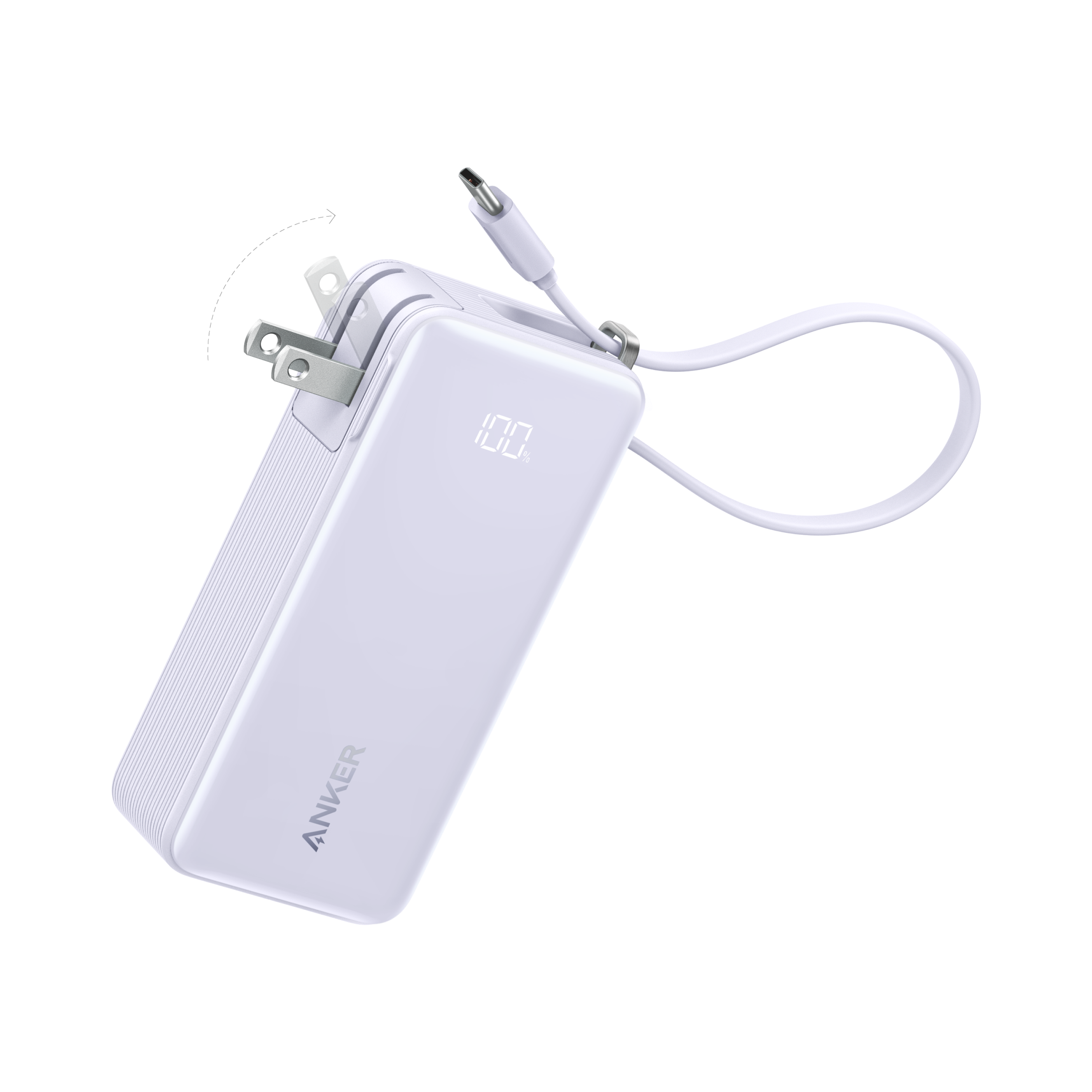 The Anker Power Bank (10K, Fusion, Built-In Cable) in white features a digital display, foldable prongs, and an attached charging cable for 30W fast charging, shown against a plain white background.