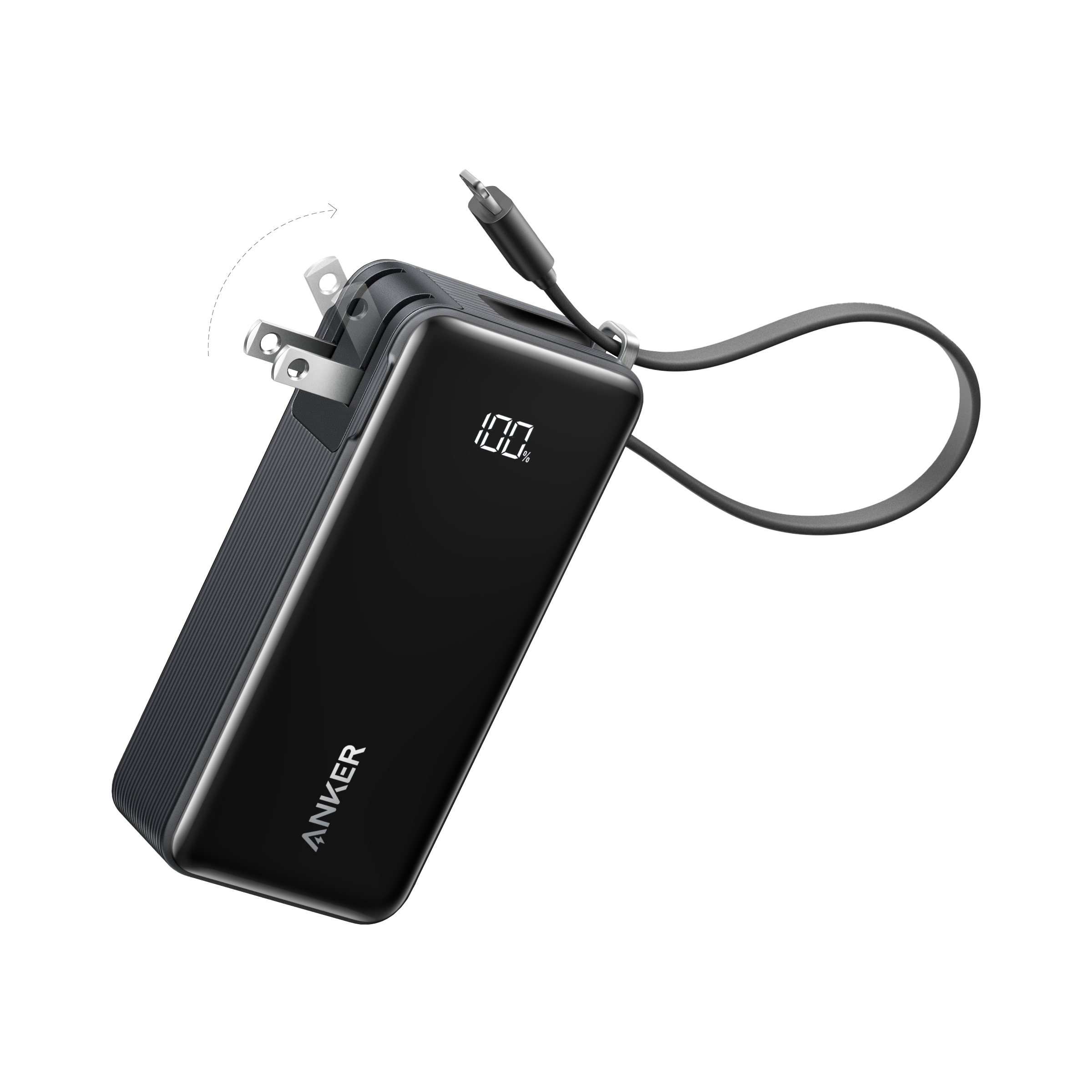 A black Anker Power Bank (10K, Fusion, Built-In Cable) with a digital display reading "100," foldable wall plugs extended, and its charging cable attached.