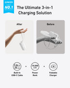 A hand holds the compact Anker Power Bank (10K, Fusion, Built-In Cable) labeled "After," beside a tangled mess of chargers labeled "Before." Features shown: built-in USB-C cable, 10,000mAh capacity, and 30W fast charging.