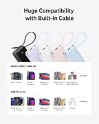 A promo image features the Anker Power Bank (10K, Fusion, Built-In Cable) in five colors. A chart highlights compatibility with iPhone, iPad, MacBook, Galaxy & earbuds. Enjoy 30W fast charging and 3-in-1 charger convenience on the go.