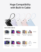 Five Anker Power Bank (10K, Fusion, Built-In Cable) chargers in black, white, pink, purple, and blue are shown above a compatibility chart. These 3-in-1 fast chargers feature USB-C and USB ports for phones, tablets, laptops, and earbuds.