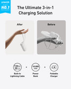 A comparison shows a hand holding the compact Anker Power Bank (10K, Fusion, Built-In Cable) (After) versus tangled charging cables (Before). Icons highlight 30W fast charging, 10,000mAh capacity, and a built-in Lightning cable.