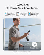 At the airport, a man smiles holding an Anker Power Bank (10K, Fusion, Built-In Cable) and smartphone, earbuds in. Text highlights 30W fast charge and can charge iPhone 14 (2x), iPhone 14 Pro (2x), Samsung S24 (1.8x). Airplane safe icon shown.