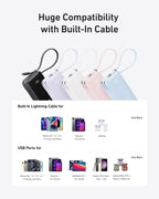 A graphic features five Anker Power Bank (10K, Fusion, Built-In Cable) models in black, white, pink, purple, and blue with wrist straps. Images below highlight fast charging for iPhones, iPads, MacBooks, Galaxy phones, AirPods & Galaxy Buds.