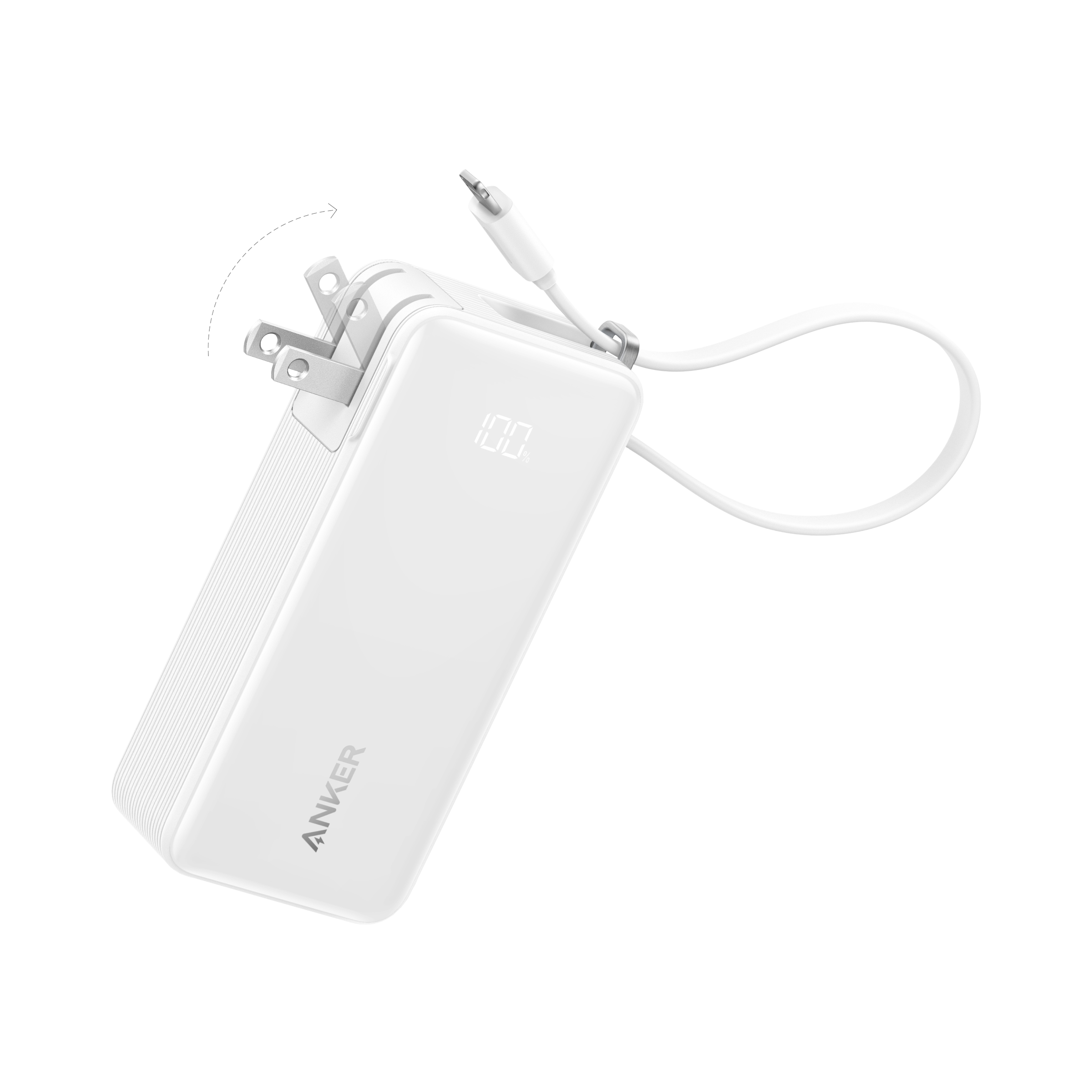 The Anker Power Bank (10K, Fusion, Built-In Cable) in white features foldable prongs, an attached charging cable, and a digital display showing battery life for fast charging—all displayed against a plain light background.