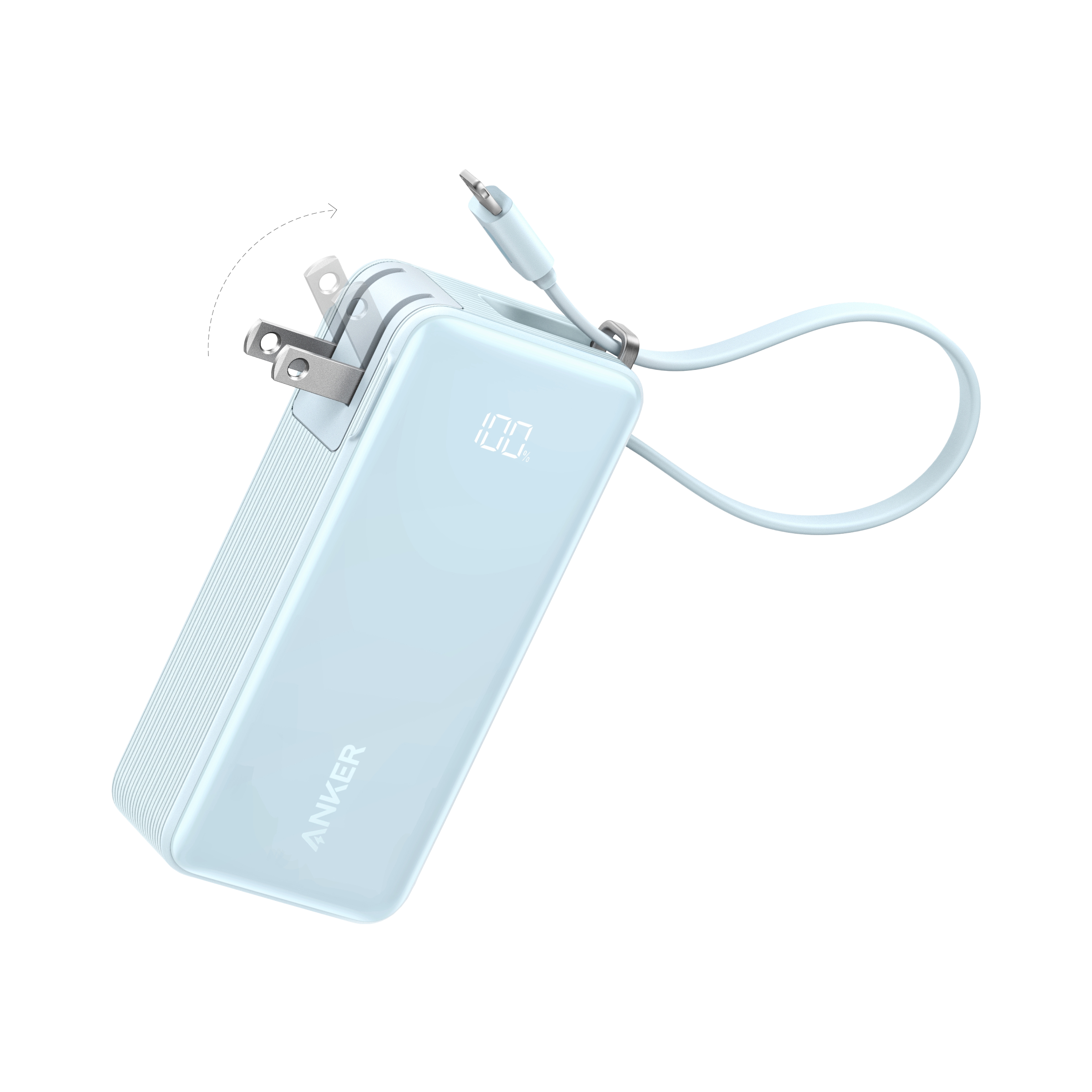 The Anker Power Bank (10K, Fusion, Built-In Cable) in light blue features foldable prongs, a digital display, and an attached charging cable for 30W fast charging, displayed on a plain white background.