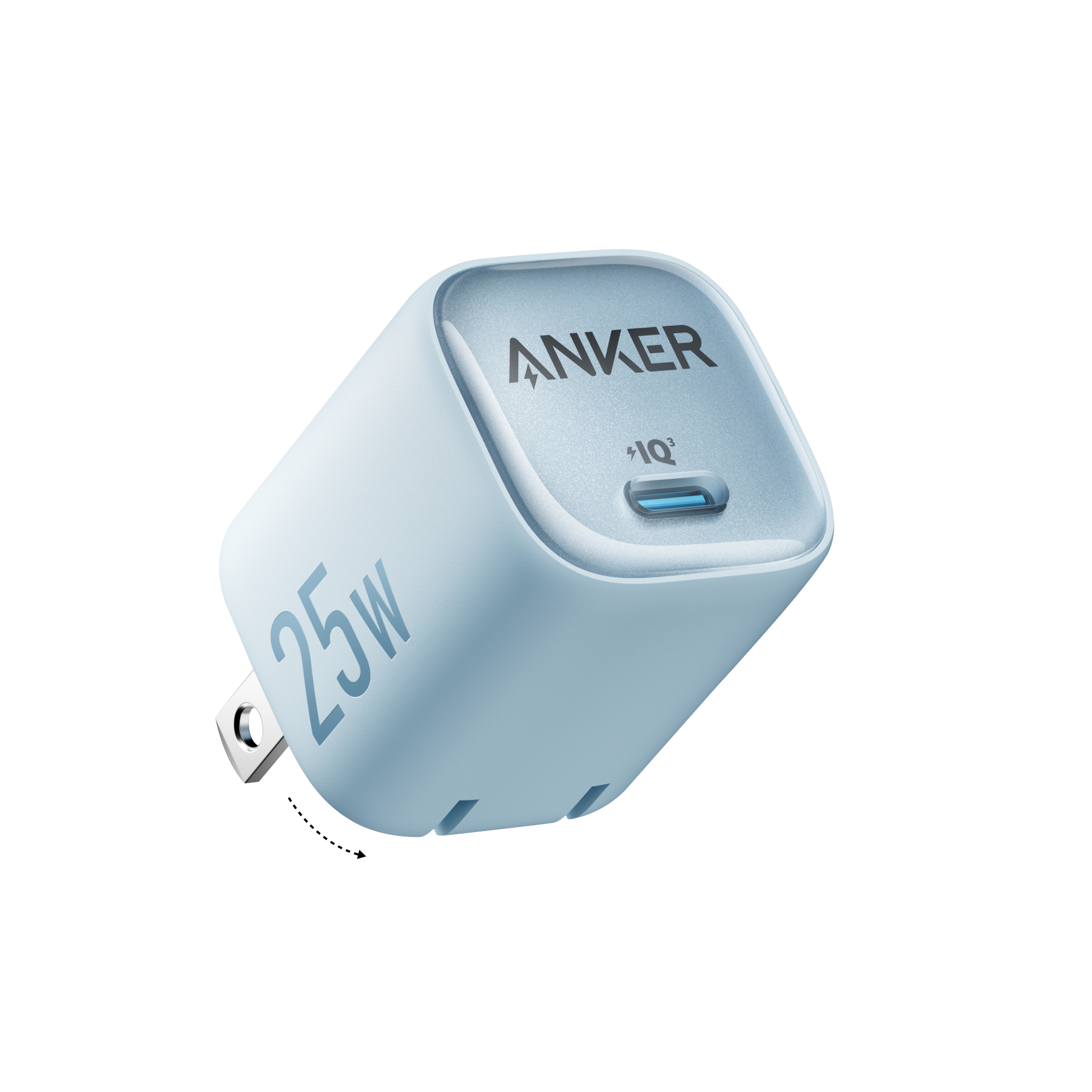 The Anker Charger (25W, Compact) is a light blue fast charger with "25W" on the side, "ANKER" and a USB-C port on the front, shown against a white background.