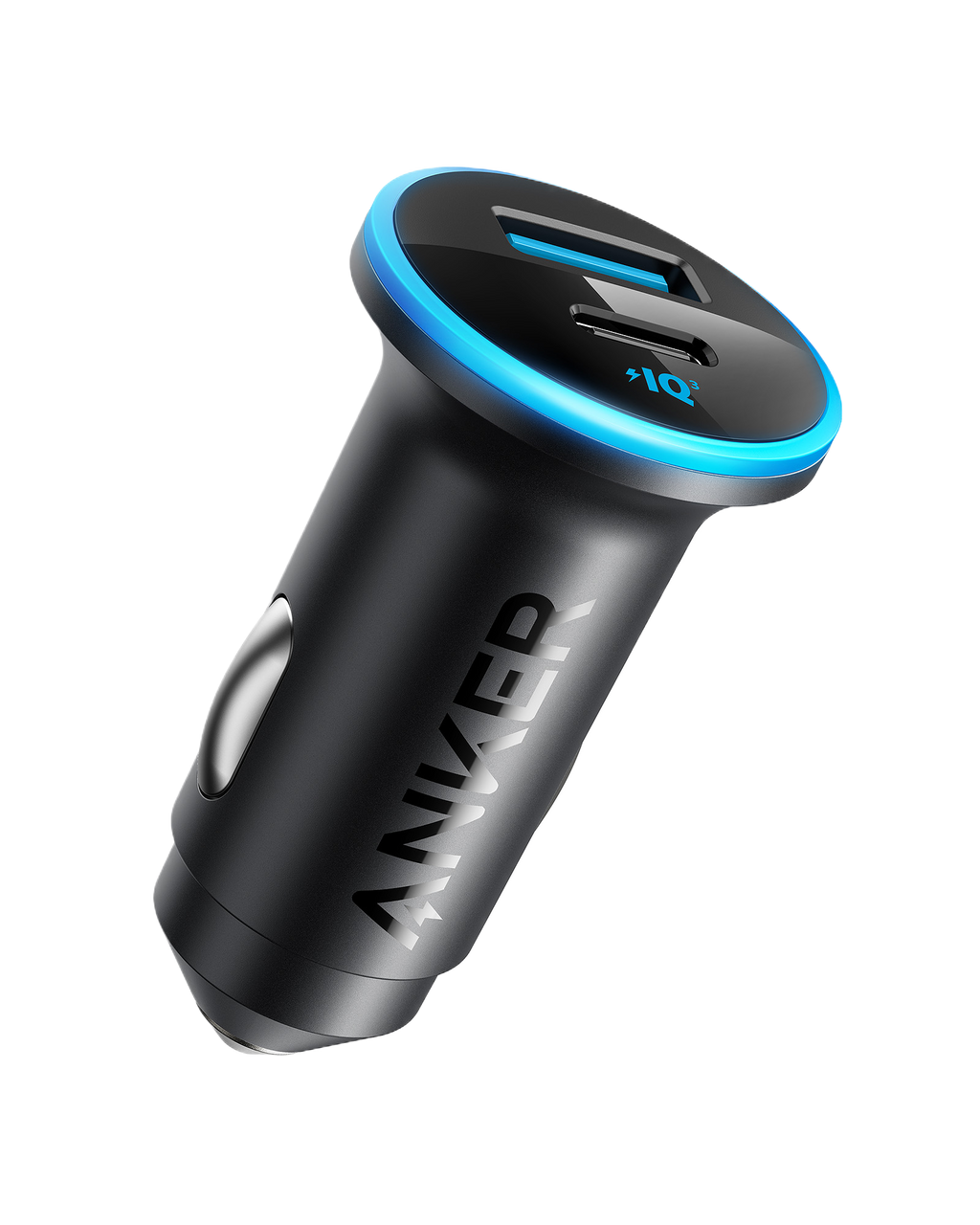 The Anker 323 Car Charger (52.5 W), in black with USB-A and USB-C ports and a blue LED ring, is shown on a white background for fast charging on the go.