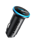 The Anker 323 Car Charger (52.5 W), in black with USB-A and USB-C ports and a blue LED ring, is shown on a white background for fast charging on the go.