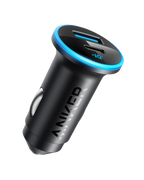 The Anker 323 Car Charger (52.5 W), in black with USB-A and USB-C ports and a blue LED ring, is shown on a white background for fast charging on the go.